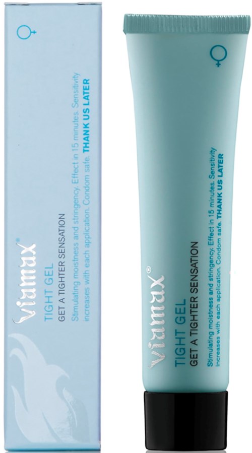 Ein hellblauer Tuben und Packung von Viramax Tight Gel, das die Haut straffer macht. Die Tube hat einen schwarzen Verschluss.