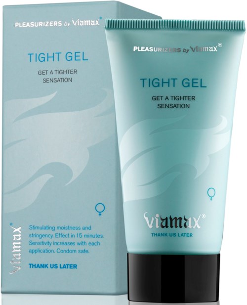 Eine Schachtel und Tube mit Viamax Tight Gel, blau und grün verpackt, zur Steigerung des Empfindungsvermögens.