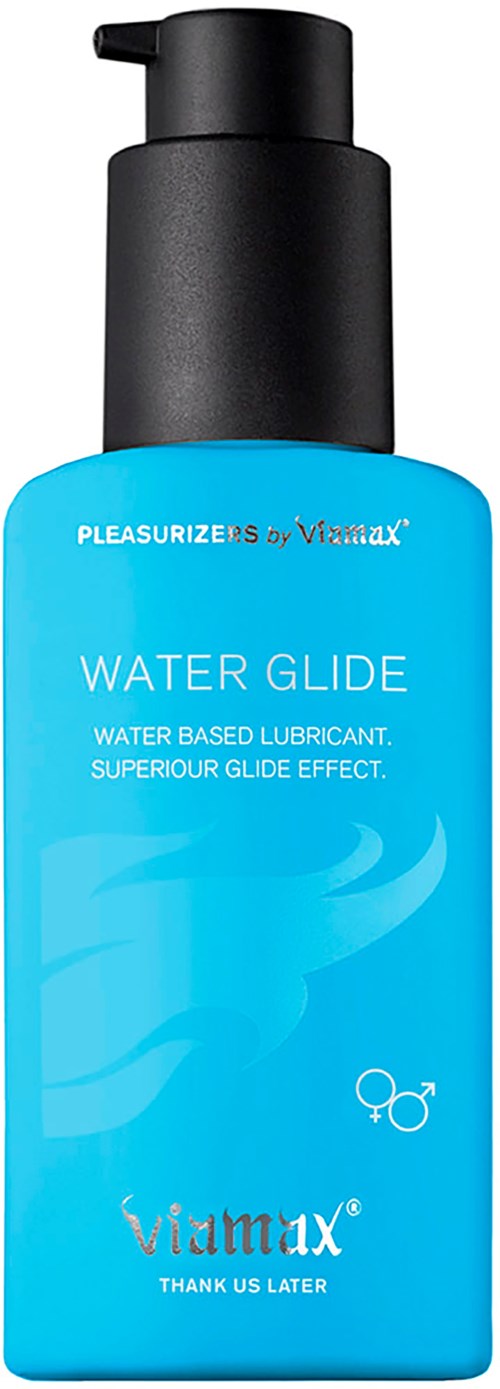 Blaue Flasche mit Pumpkopf, gekennzeichnet Water Glide, wasserbasiertes Gleitgel, mit Text und Symbolen.
