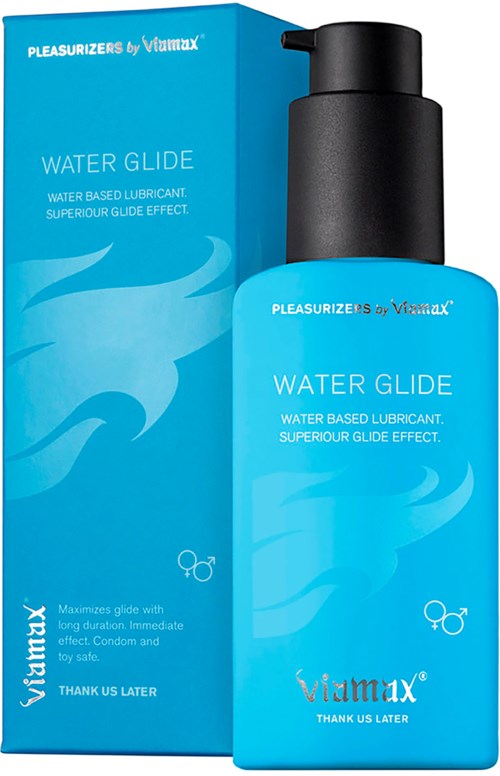 Eine blaue Flasche und eine Packung mit "Water Glide" von Vitamx, wasserbasiertes Gleitgel mit lang anhaltendem Gleitgefühl.