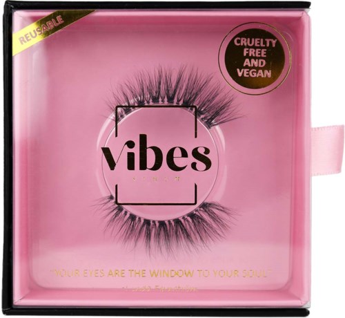 Pink case with false eyelashes, vegan and cruelty-free label, and the word "vibes" on the product.