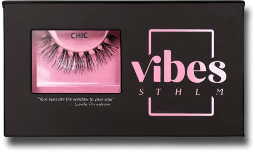 Eyelash set named 'Vibes' with pink and black packaging, includes false eyelashes, and a quote about eyes.