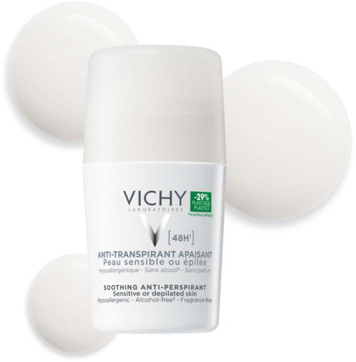 Vichy Antitranspirant-Stick für empfindliche Haut, 48 Stunden Schutz, alkoholfrei und parfumfrei.