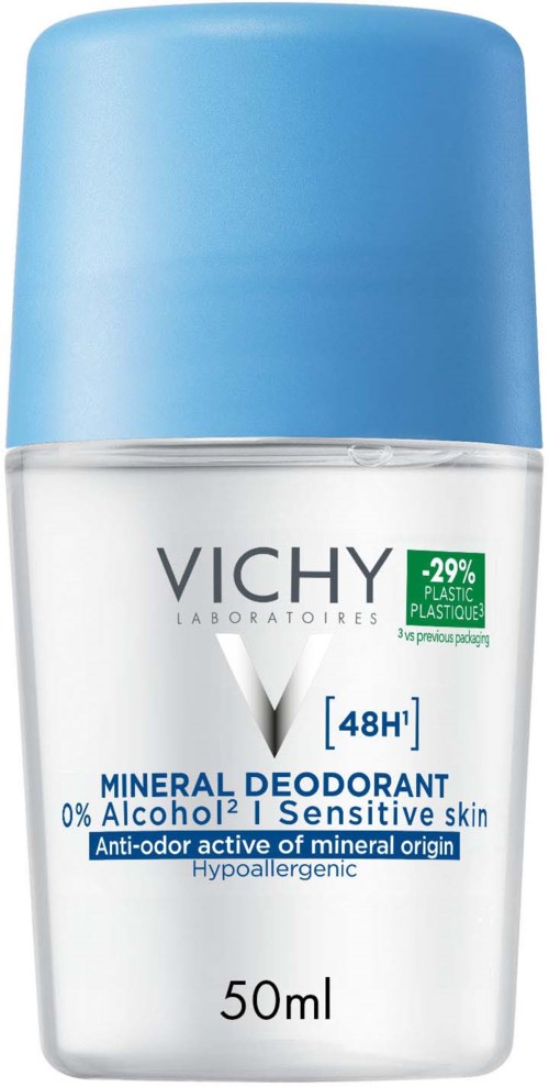 Vichy Mineraldeo in kleiner Flasche mit blauer Kappe, 48 Stunden Schutz, alkohol- und parfümfrei für empfindliche Haut.