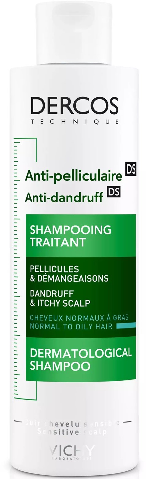 Weiße Flasche Dercos Shampoo mit grüner und schwarzer Schrift für Schuppen und juckende Kopfhaut. Für normales bis fettiges Haar.