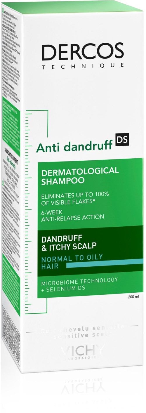 Eine weiße und grüne Schachtel mit dem Label Dercos Technique für Anti-Schuppen-Shampoo, mit Informationen zur Beseitigung von Schuppen und Beruhigung der Kopfhaut.