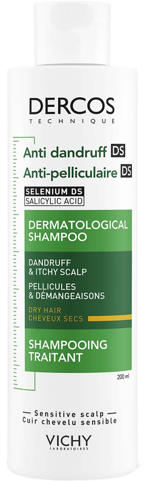 Een witte fles Dercos shampoo tegen roos en jeukende hoofdhuid, geschikt voor droog haar, met groene en zwarte tekst.