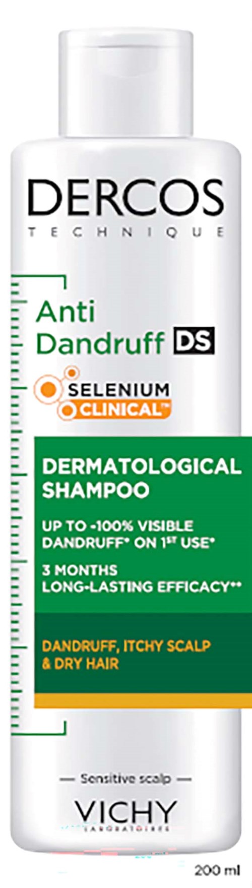 A white shampoo bottle with a flip cap, labeled Dercos Technique Anti Dandruff Dermatological Shampoo for dandruff and dry scalp.