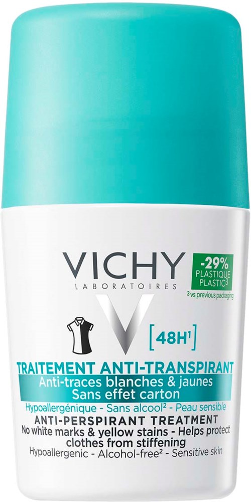 Vichy anti-transpirant roll-on deodorant, 48 hours protection, for sensitive skin, alcohol-free, helps prevent stains.