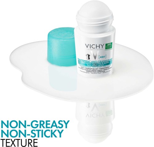 A white roll-on deodorant, a blue ice cube, and white liquid on a plate with text about non-greasy texture.