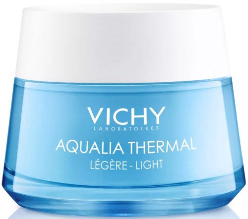 Ein hellblauer Vichy Aqualia Thermal-Topf mit weißem Deckel.
