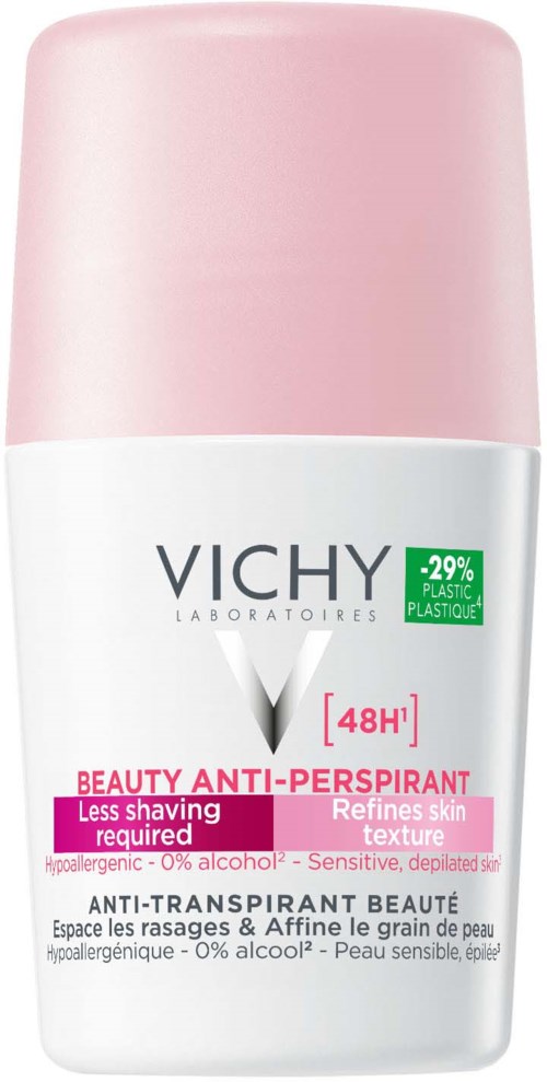 Vichy Antitranspirant-Spray, rosa-weiße Flasche, 48 Stunden Schutz, weniger Rasieren.