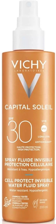 Ein kupferfarbener Sprühflasche mit Vichy Sonnenschutz mit SPF 30 und Produktname auf dem Etikett.