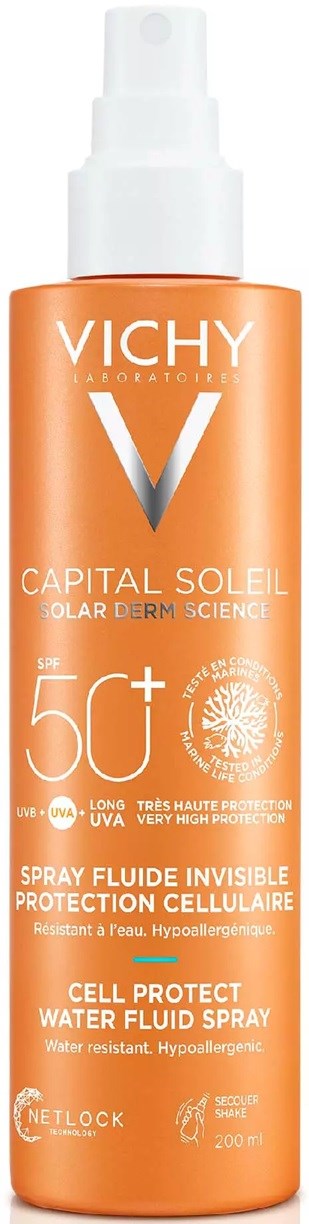 Orangene Flasche von Vichy Capital Soleil Spray mit Lichtschutzfaktor 50+ für Hautschutz, unsichtbare wasserbasierte Formel.