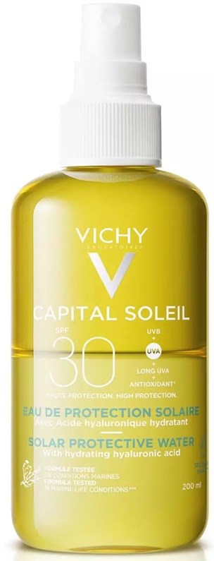 Vichy Capital Soleil Sonnenschutzspray mit SPF 30, gelbe Flasche, weißer Deckel.
