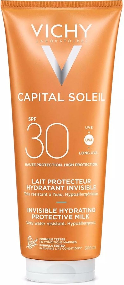 Orangefarbene Tube von Vichy Capital Soleil mit SPF 30. Bietet hohen Schutz und ist unsichtbar sowie feuchtigkeitsspendend.