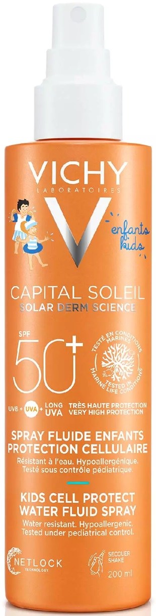 Vichy Kids Cell Protect Water Fluid Spray Flasche mit SPF 50+ für Kinder.