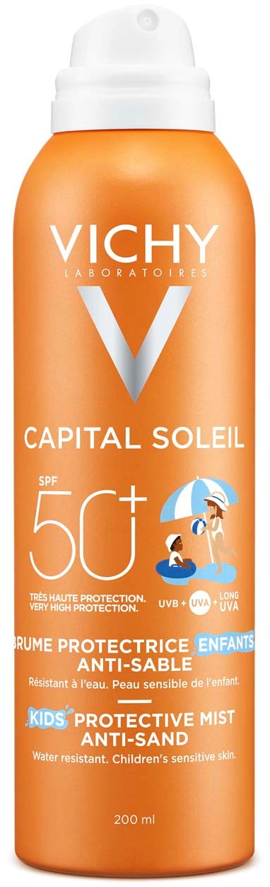 Kind-Sonnenschutzspray mit SPF 50+ in einer orangefarbenen Flasche, mit einem Comic-Charakter und Regenschirm.