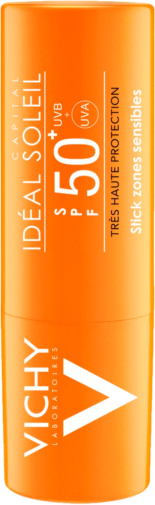 En oransje solkremstift merket Vichy med SPF 50, laget for sensitiv hud og høy beskyttelse mot solen.