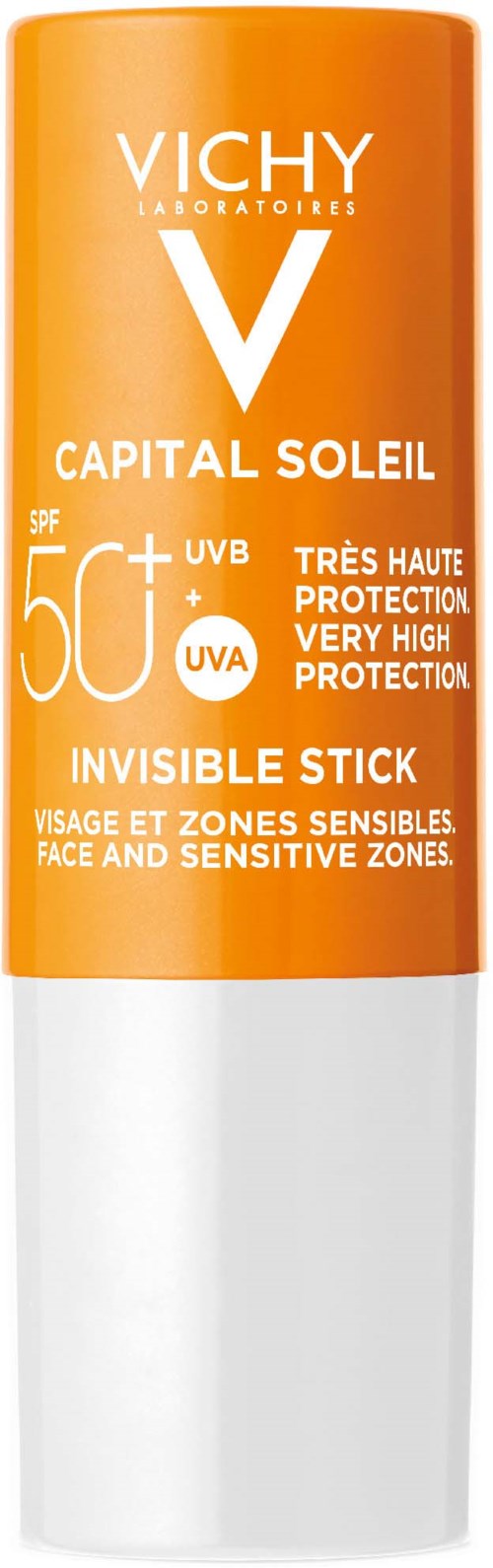 A tall, orange and white bottle of Vichy Capital Soleil sunscreen with SPF 50+ and UV protection. It is labeled as invisible stick.
