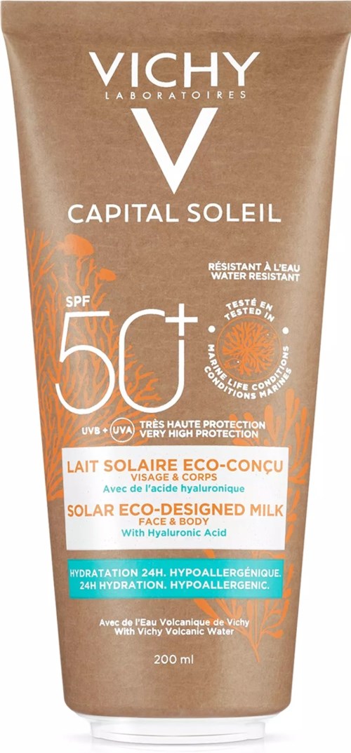 Sonnencreme mit SPF 50+ für Gesicht und Körper, wasserfest, enthält Hyaluronsäure, spendet Feuchtigkeit.