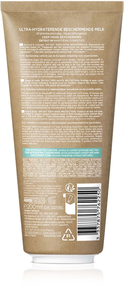Back view of a beige tube of skincare cream with white cap, featuring text in several languages and a barcode.