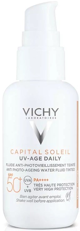 Vichy Capital Soleil UV-Age Daily zonnebrandfles met SPF 50+ en waterbestendige formule.