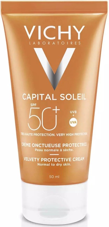 VICHY Capital Soleil sunscreen with SPF 50+ for normal to dry skin, high protection, in a 50ml tube.