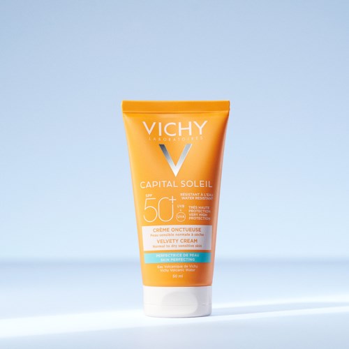 Vichy Capital Soleil sunscreen cream in an orange tube with white cap, 50 ml, for face, water-resistant.