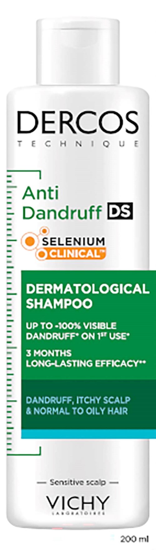 A white bottle with green and black text, displaying Dercos Anti Dandruff shampoo by Vichy for scalp and hair care.