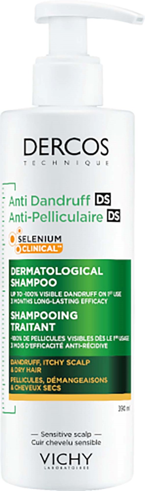 White bottle of Dercos shampoo with pump, label shows it's for dandruff and itchy scalp, dermatologist tested.