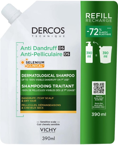 Recycling refill package with a green section indicating 72% plastic reduction, branding, product name, and details about the shampoo.