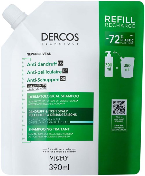 Nachfüllpackung für Shampoo mit grünem und weißem Design, enthält Anti-Schuppen-Shampoo und 390 ml Kapazität.