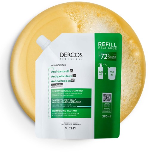 Nachfüllpackung für Shampoo von Dercos mit grünen und weißen Etiketten, geeignet für Schuppen und Kopfhautpflege.
