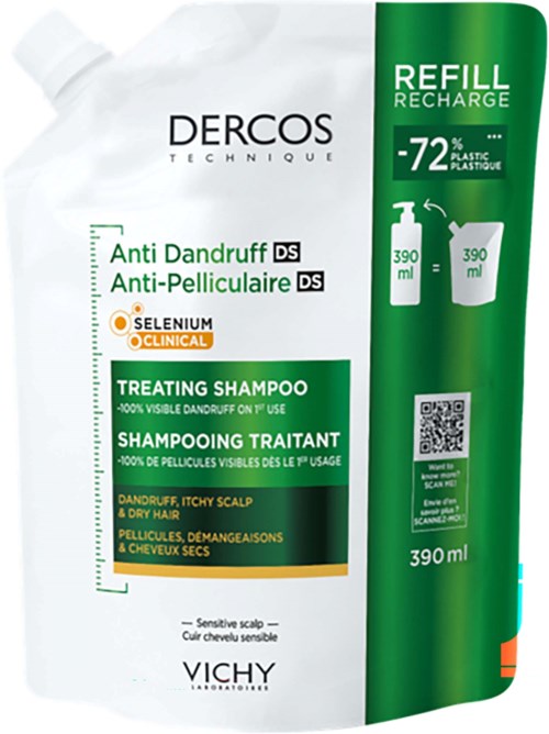 Recycling symbol with text indicating 72% plastic content, size 390 ml, and a QR code on a shampoo refill pack.