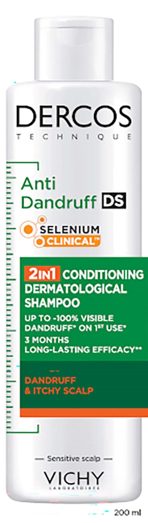 A white bottle of Dercos shampoo with green and orange label for dandruff and scalp care. Contains 200 ml.