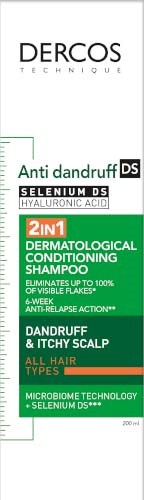 Ein Shampoo-Flaschenetikett, das Anti-Schuppen und Kopfhautgesundheit bewirbt, mit grünen und weißen Farben und mehreren Vorteilen.