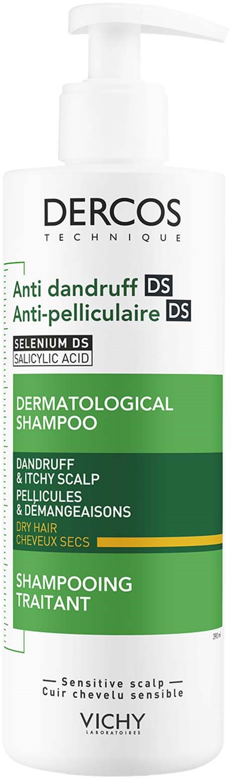 Eine Flasche Dercos-Shampoo für trockene, juckende Kopfhaut mit grüner und weißer Beschriftung und Pumpkopf.