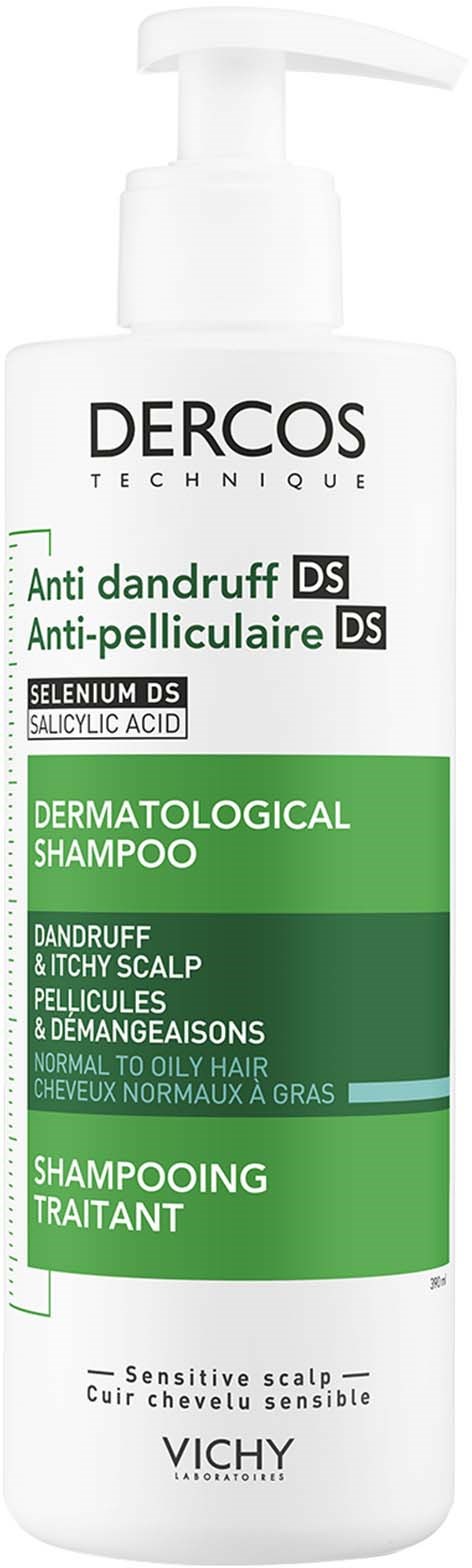 Eine weiße Shampoo-Flasche mit Pumpe, gekennzeichnet für Schuppen- und Kopfhautpflege, enthält Behandlung für fettiges Haar.