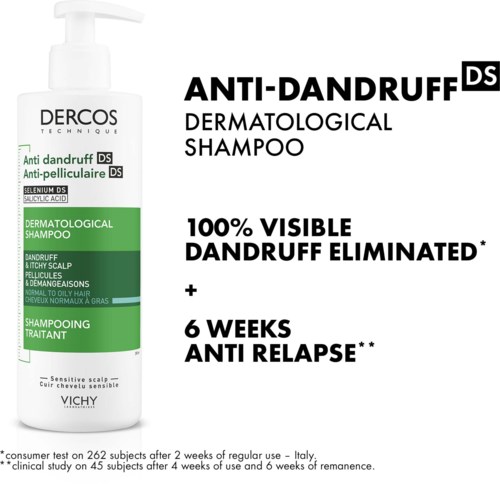 Eine Shampooflasche mit Etiketten, die sie als anti-Schuppen-Therapie darstellen, die in sechs Wochen sichtbare Ergebnisse zeigt.