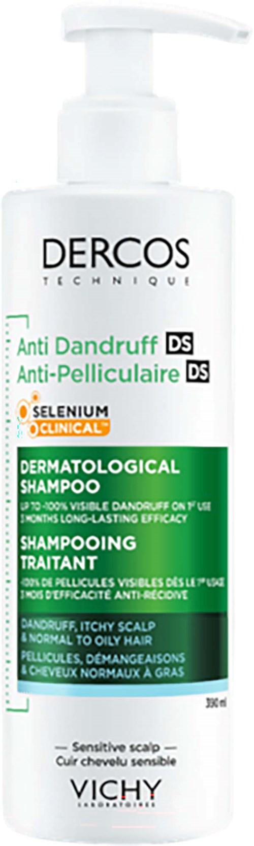 Dercos Anti-Dandruff Shampoo bottle with pump, label details about anti-dandruff and scalp care for sensitive hair.