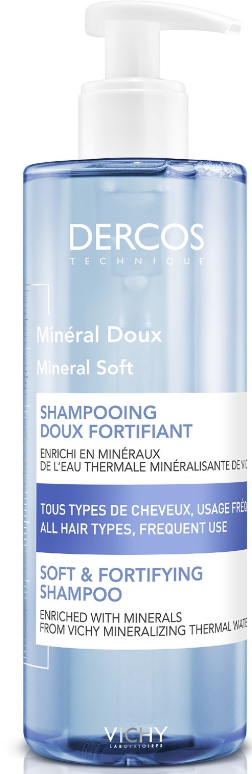 Eine klare blaue Flasche Dercos-Shampoo mit Pumpe, beschriftet "Soft & Fortifying" für alle Haartypen.