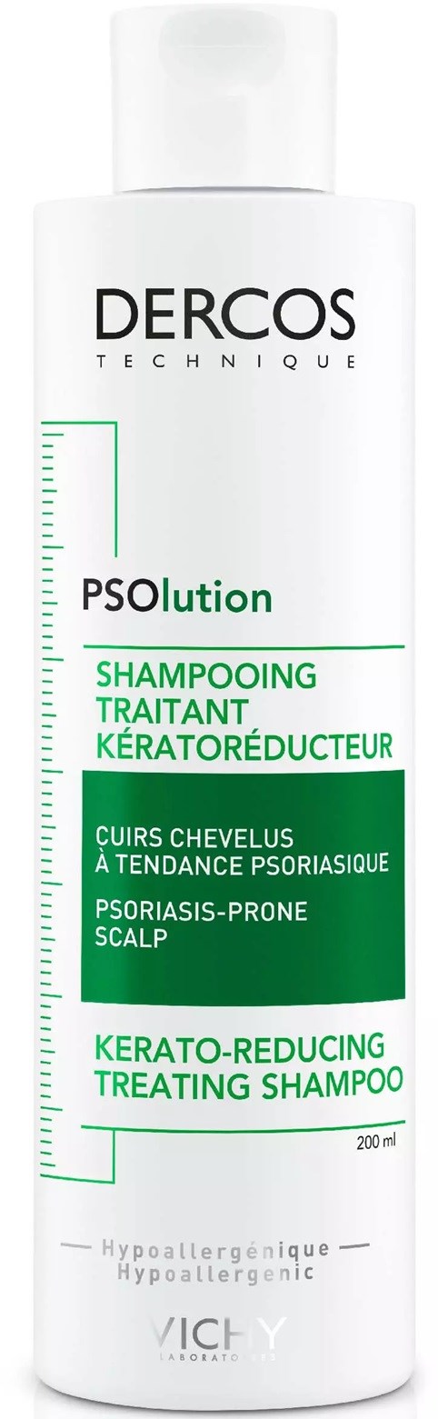 Eine weiße Flasche Dercos-Shampoo mit grüner und schwarzer Schrift für Kopfhaut und Psoriasisbehandlung.