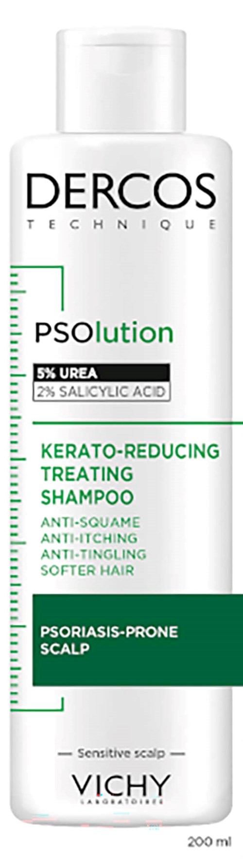 A white shampoo bottle labeled Dercos Technique PSOlution, for scalp care, with green text and a barcode.