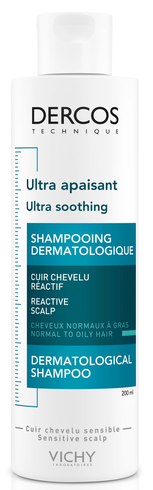 Eine weiße Flasche Dercos Shampoo mit blauer und schwarzer Schrift, für empfindliche Kopfhaut und fettiges Haar.