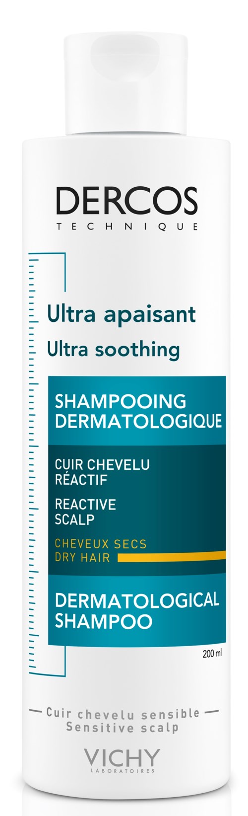Eine weiße Flasche mit 'DERCOS' Etikett, blauer und gelber Text für trockene, empfindliche Kopfhaut und hautberuhigendes Shampoo.