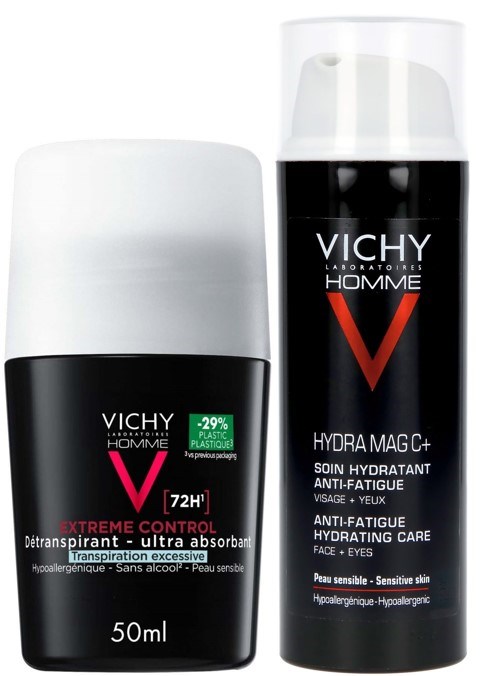 Zwei schwarze Flaschen Vichy Homme Hautpflegeprodukte, eine für Deo und eine für feuchtigkeitsspendende Pflege, sind zu sehen.