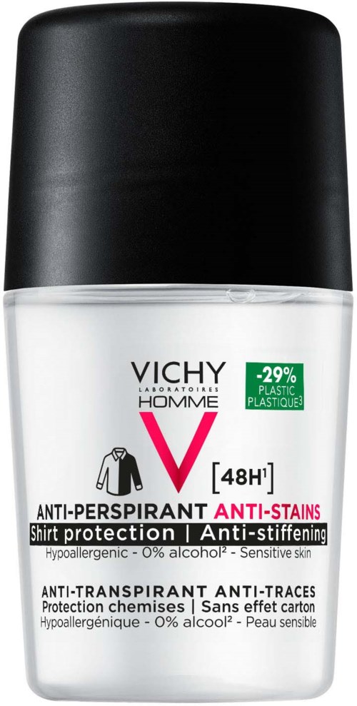 Vichy Homme Antitranspirant, schwarzer Deckel, weißer Flasche, mit grünem Etikett und pinkem Text, gegen Schweiß und Flecken.