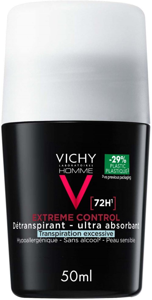 Vichy Homme Antitranspirant Roll-On in Schwarz und Weiß, 50ml, für extreme Kontrolle.