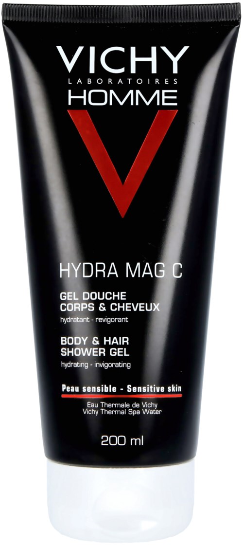 Ein schwarzer Tuben mit roten und weißen Texten, Werbung für Vichy Homme Hydra Mag C Duschgel für empfindliche Haut, 200 ml.